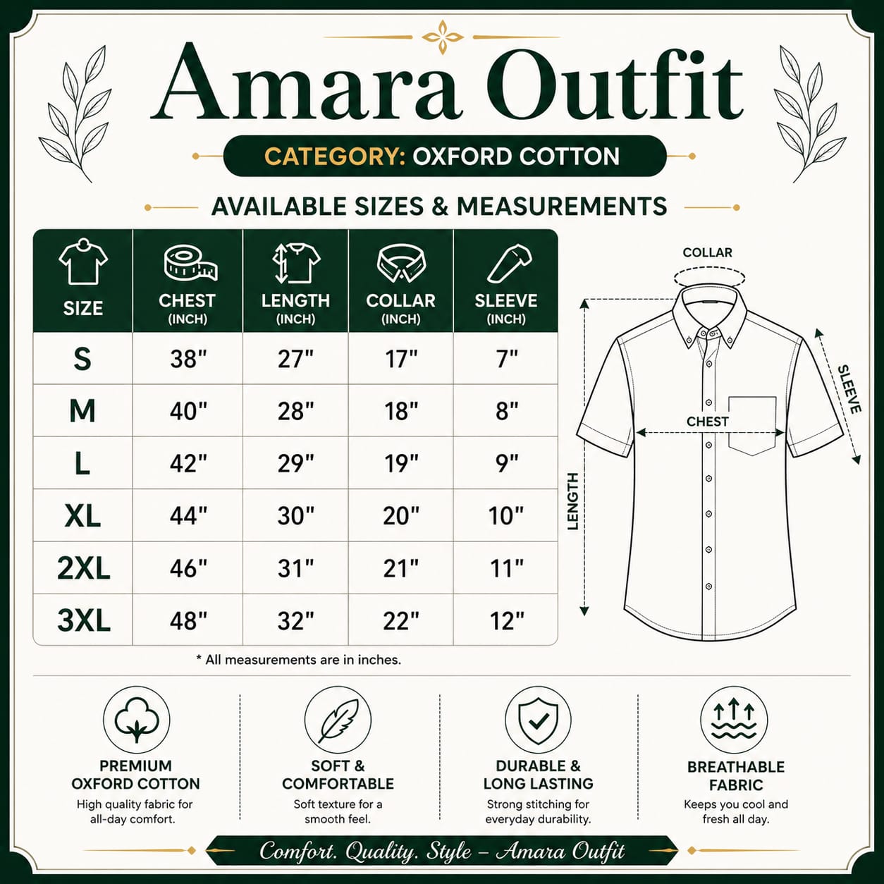 Size chart for Premium Oxford Cotton Shirts for Men – Export Quality