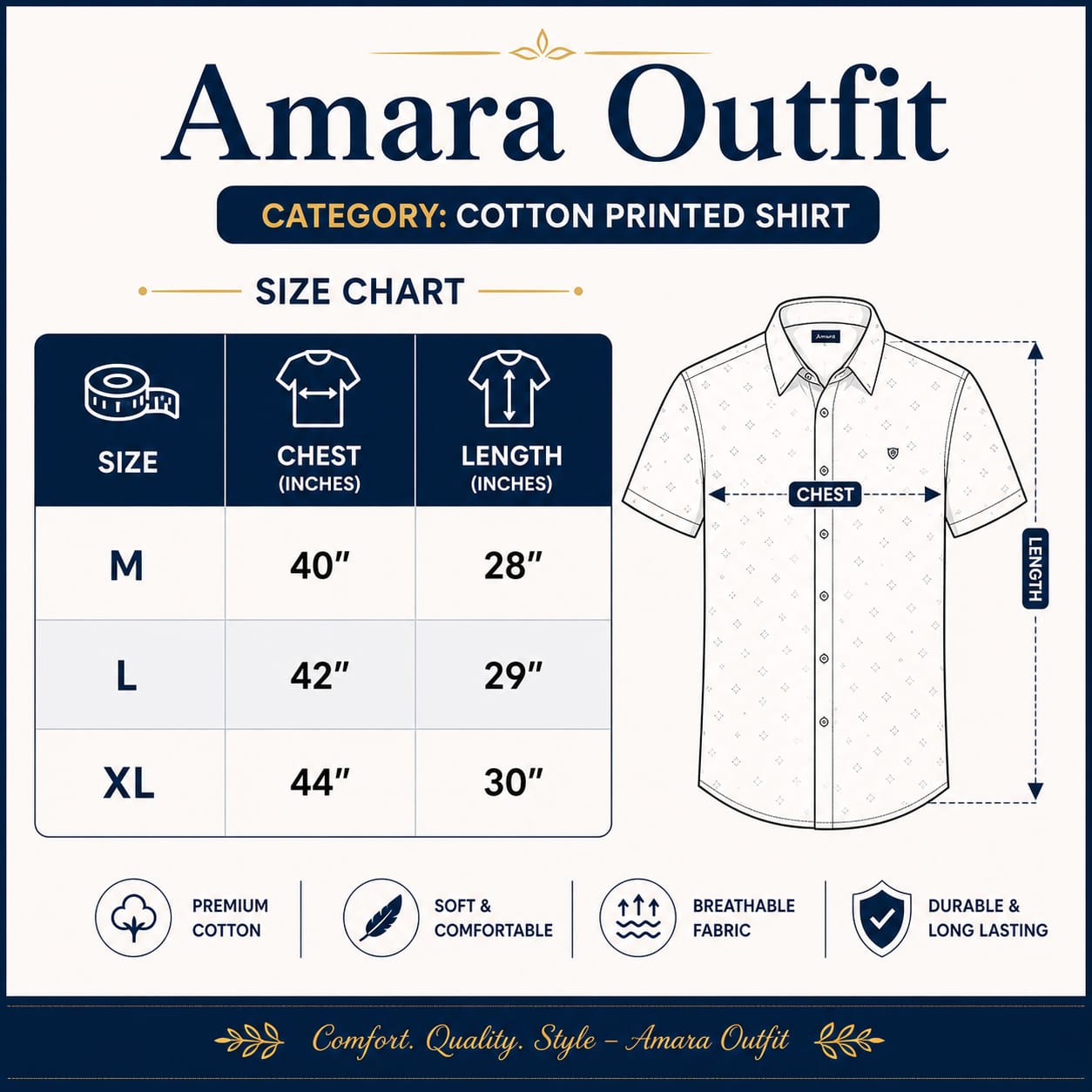 Size chart for 100 % Cotton Full-Sleeve Printed Shirt.